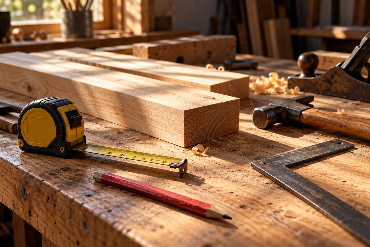 A tape measure, pencil and hand tools on a sunlit timber workbench